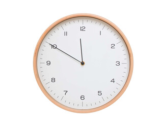 Minimal wall clock with light wood frame and white face displaying 11:50 or 23:50. Perfect for clean, modern concepts about time and scheduling.