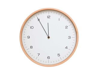 Minimal wall clock with light wood frame and white face displaying 11:55 or 23:55. Perfect for clean, modern concepts about time and scheduling.
