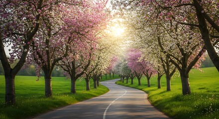 A scenic road in the park with trees in spring, autumn, and summer, showing the beautiful foliage and landscape