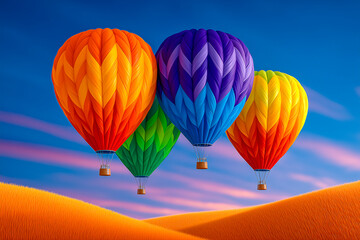 Fototapeta premium Hot air balloons rise into the clear sky, showcasing vibrant colors against a tranquil backdrop. This breathtaking scene captures the joy of adventure and exploration