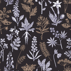 Witch herbs seamless pattern. Poisonous plants background. Apothecary herbs hand-drawn vector illustration. Bohemian design. NOT AI generated © sketched-graphics