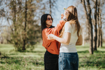 Two young women share a joyful moment outdoors in a vibrant green park.