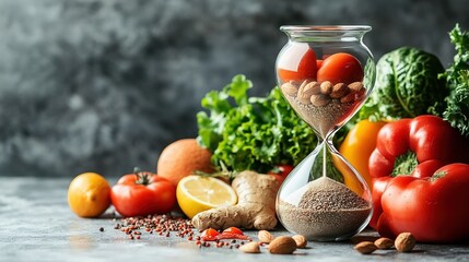 Hourglass filled with seeds and tomatoes surrounded by fresh vegetables and herbs on a textured gray surface.