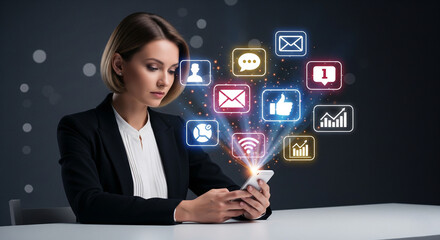 “A businessperson using a phone on a desk with glowing digital marketing icons floating above — social media, email, message, like, chart analytics — semi-dark professional background