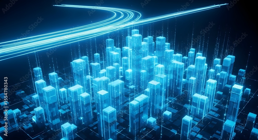 Fototapete abstract futuristic cityscape digital metropolis with glowing lines and structures