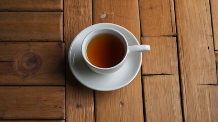 Obraz premium Overhead view of a white cup of tea resting on a saucer on a rustic wooden table