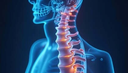 Anatomical Illustration of the Human Spine and Neck with Luminous Effects in Blue Background