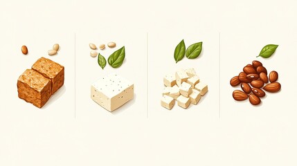Illustration showing the progression from raw ingredients to tofu and finally to roasted almonds with leaves.