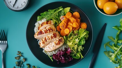 A healthy meal consisting of grilled chicken, steamed rice, fresh mixed greens, and sliced carrots on a black plate with a blue background.