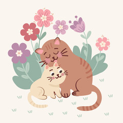Loving Mother Cat Grooming Her Kitten in Floral Background