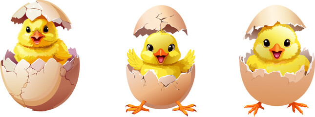 Fototapeta premium Three adorable chicks emerging from their cracked eggs, each with a unique expression of wonder. They bring the spirit of new life and springtime