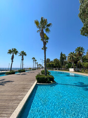 Sunny day at a beautiful coastal promenade lined with palm trees and crystal-clear blue water, perfect for relaxing walks by the sea.