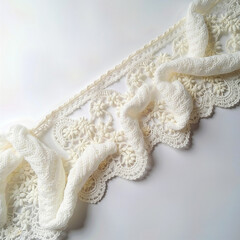 An elegant and delicate piece of cream-colored vintage cotton lace with an intricate floral crochet pattern, perfect for bridal, sewing, or romantic craft projects.
