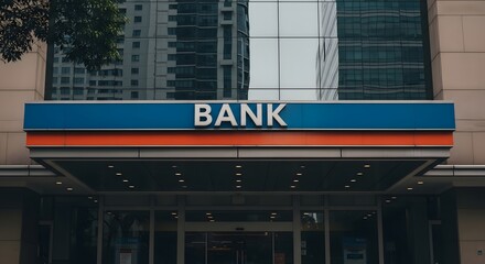 Modern Bank Building Exterior with Blue and Orange Sign