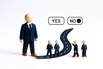 Wooden figurines business attire with decision options and winding road symbolizing choice and leadership development, emphasizing concept of agile decision making and leadership growth creative