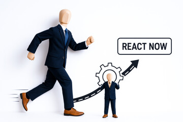 Large figure of person business suit appears to be running forward with smaller figure of person business suit holding gear and pointing upward, symbolizing growth and progress concept of agile