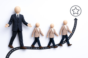 Series of wooden figurines dressed in business suits demonstrating growth and leadership development with upward arrow and star icon symbolizing success and achievement in agile concept context