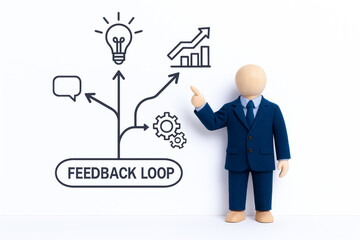 Doll in business suit pointing at feedback loop diagram with icons representing ideas, growth, and gears, illustrating agile leadership concept in professional setting