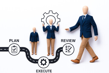 Image depicts conceptual representation of leadership and teamwork with figurines business attire, illustrating process of planning, executing, and reviewing tasks agile and organized manner