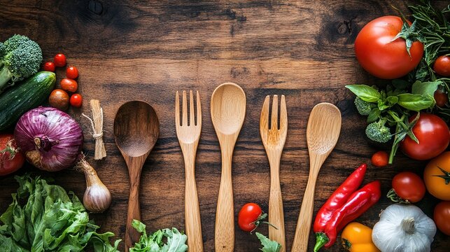 Wooden kitchen utensils surrounded by fresh vegetables on a rustic wooden table, showcasing healthy cooking ingredients and natural food preparation.