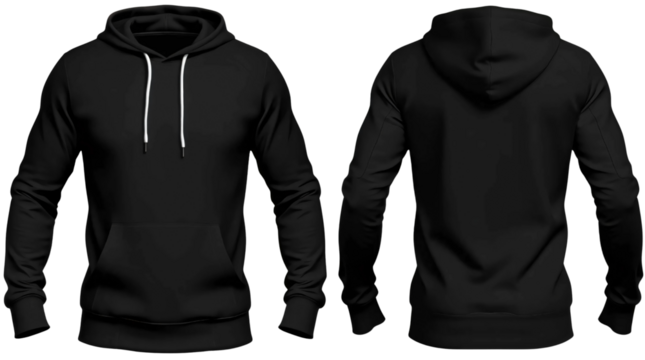 Blank black hoodie template. Hoodie sweatshirt long sleeve with clipping path, hoody for design mockup for print, isolated on transparent background.