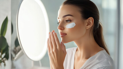 Woman applying moisturizing cream, smiling while performing skincare routine near illuminated mirror in bright, contemporary bathroom, emphasizing personal beauty regimen