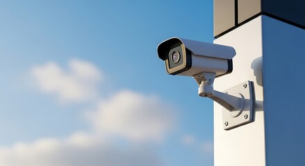 High-resolution outdoor security camera on building for surveillance and safety, modern CCTV system for video monitoring, property protection, and 24/7 security under blue sky