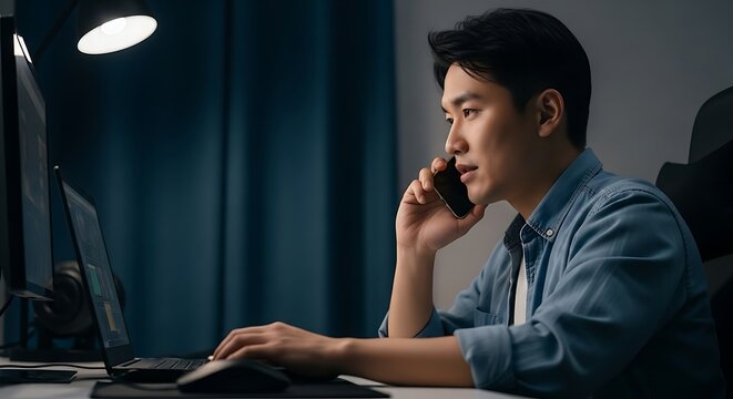 Focused Young Asian Man Talking on Phone While Working on Computer at Night in Home Office, Remote Work, Technology, Productivity, Modern Professional Lifestyle, Telecommuting Concept
