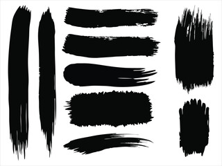 Collection of diverse black ink brush strokes and splatters with rough edges isolated on a white background. Ideal for use in grunge-style branding, abstract art, graphic design, typography textures