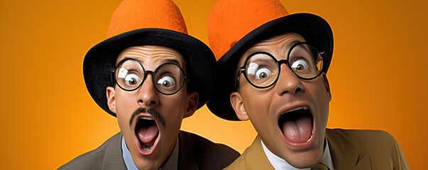 Excited performers in colorful hats express joy with wide smiles under bright background