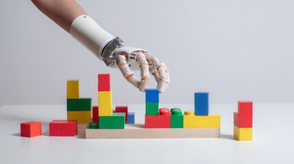 Advanced robotic prosthetic arm carefully placing a blue wooden block onto a colorful structure, demonstrating the dexterity and precision of modern prosthetic technology