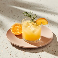 Photorealistic top view of orange juice with rosemary and dried orange garnish on pastel plate, minimal and elegant setup.