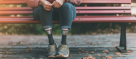 Young woman with prosthetic legs sitting on bench in park enjoying autumn day, showing resilience and positive attitude towards life despite disability