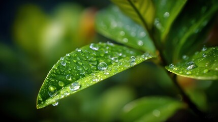 Close-up of green leaves covered in water droplets with blurred background.