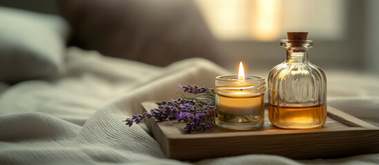 Wooden tray displaying burning candle, lavender oil bottle, and fresh lavender sprigs, generating serene mood on softly illuminated bedding