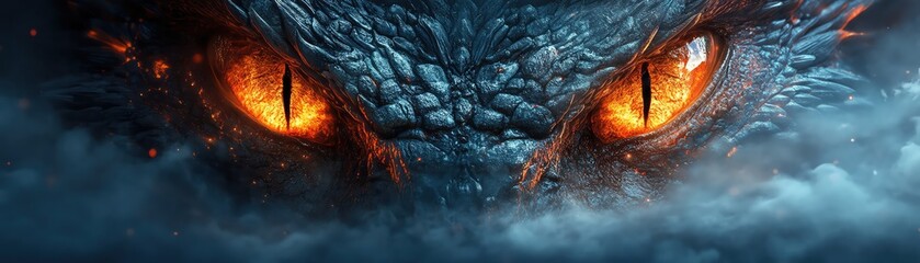 Dragon eyes glowing in night fog