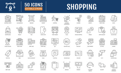 Shopping line icon set. Containing cart, shop, offer,
delivery, e-commerce, buy, product, customer, online
shopping and more. Editable stroke. Vector illustration