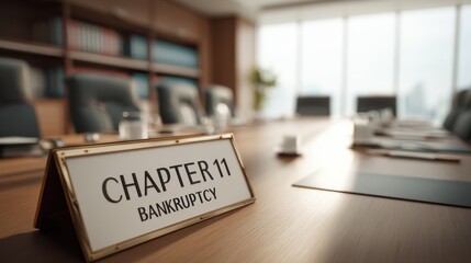 A conference room table with a sign displaying "Chapter 11 Bankruptcy" indicating a business meeting about financial restructuring.