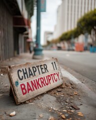 A worn wooden sign reading "Chapter 11 Bankruptcy" rests on a city sidewalk, symbolizing financial distress and business struggles.