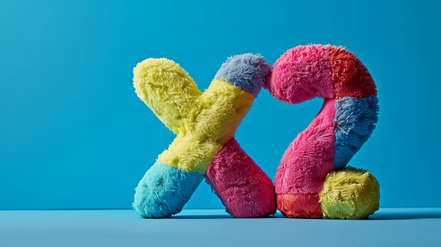 Close up of colorful plush number two and letter x against blue background in studio lighting - Powered by Adobe