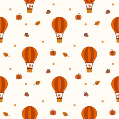 Fox in hot air balloon cartoon so cute. On acorn pumpkin leaf background. Pattern seamless vector illustration. 