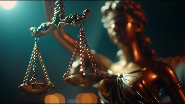 Statue of justice holding scales illuminated at night in a city setting