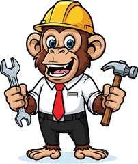 Cartoon monkey mascot character wearing a construction hard hat, shirt, and tie, happily holding a hammer and wrench. Funny vector handyman chimp