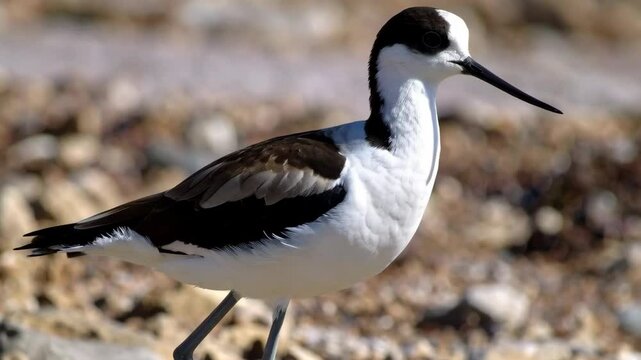 Elegant avocet bird standing on a rocky, neutral colored ground with distinctive black and white plumage and a long, curved beak.