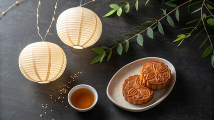 Chinese New Year tea set with traditional cake and festive decorations on a table
