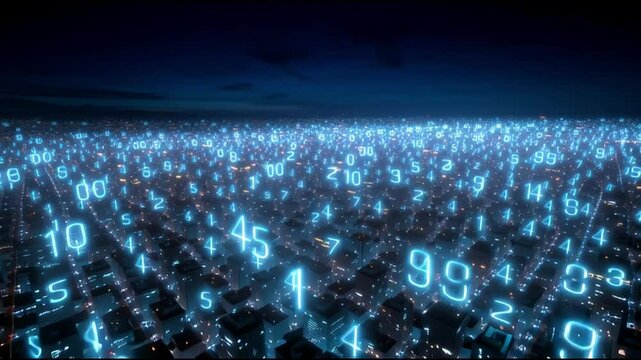 Explore a digital cityscape illuminated by vibrant blue numbers floating amidst towering skyscrapers at night - Powered by Adobe