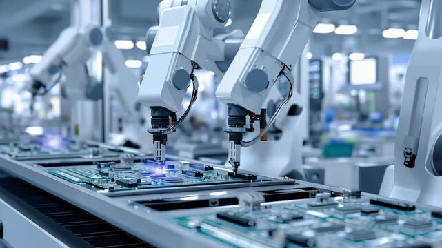Automated robotic arms performing precise electronic circuit board assembly in high-tech manufacturing facility. White robotic arms with multiple joints working on green circuit boards