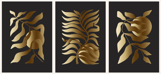 Abstract groovy posters flowers in gold tones. Modern trendy Minimal style. Hand drawn design for wallpaper, wall decor, print, postcard, cover, template, banner.