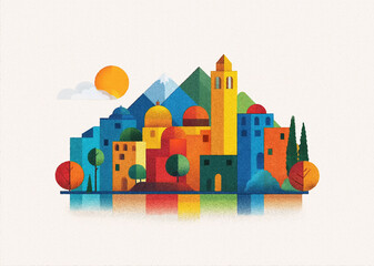 Abstract cityscape, geometric shapes, vibrant colors. Stylized architecture composition. Urban design, tourism, travel digital illustration, city branding, graphic art, poster design. Flat style