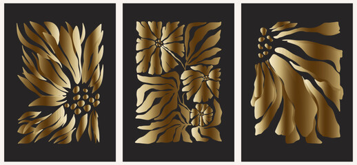 Abstract groovy posters flowers in gold tones. Modern trendy Minimal style. Hand drawn design for wallpaper, wall decor, print, postcard, cover, template, banner.